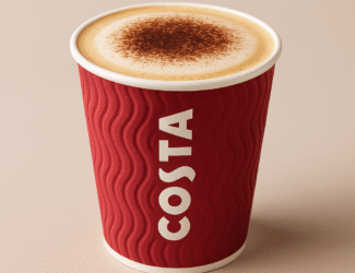 A business-themed illustration showing a Costa Coffee cup on a table with the Coca-Cola logo subtly in the background. A muted graph on one side represents market decline, while a bright upward graph on the other side represents growth. Clean and professional style, no text included.