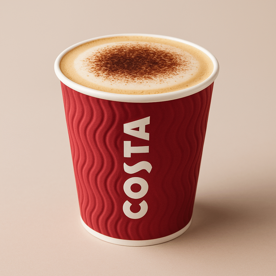 A business-themed illustration showing a Costa Coffee cup on a table with the Coca-Cola logo subtly in the background. A muted graph on one side represents market decline, while a bright upward graph on the other side represents growth. Clean and professional style, no text included.