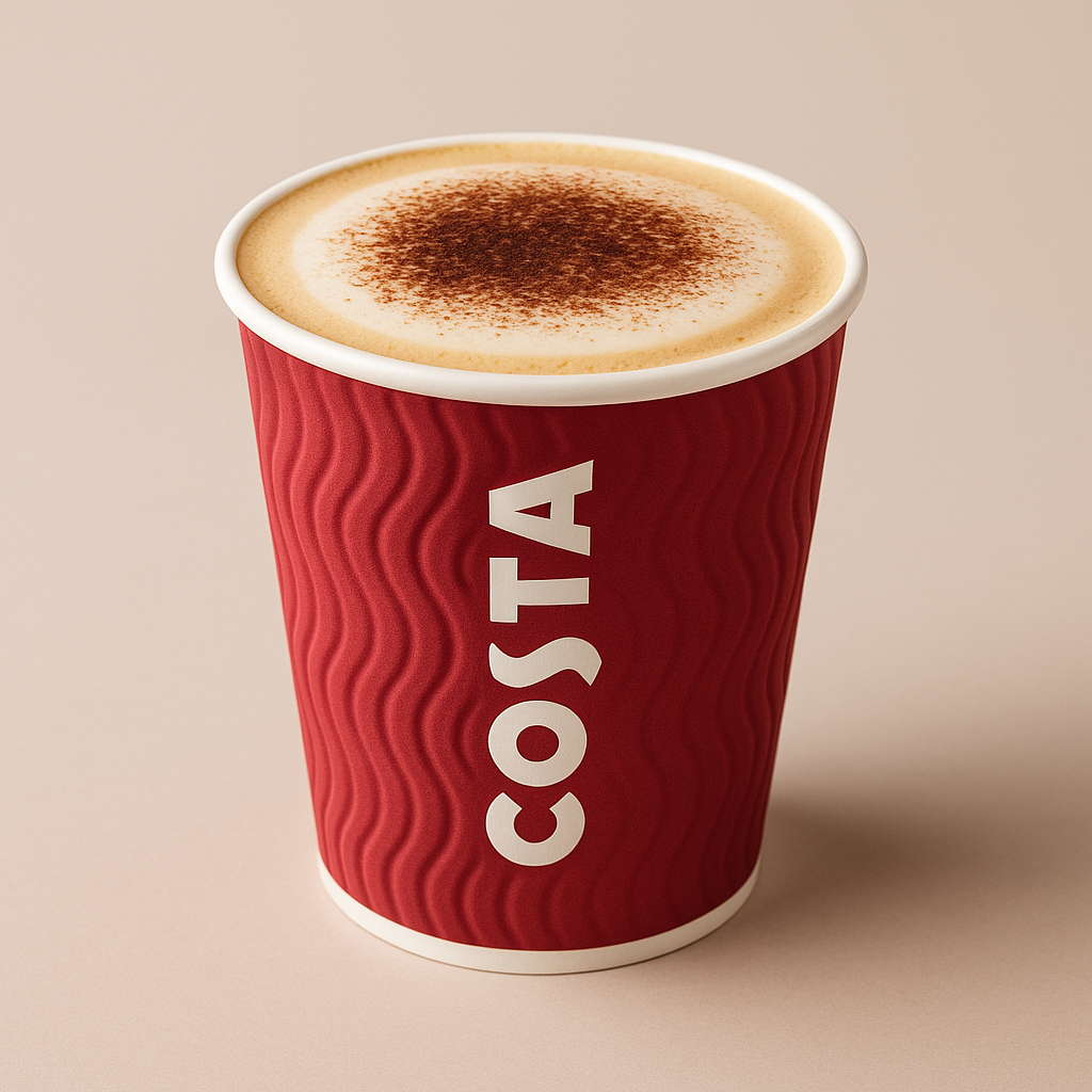 A business-themed illustration showing a Costa Coffee cup on a table with the Coca-Cola logo subtly in the background. A muted graph on one side represents market decline, while a bright upward graph on the other side represents growth. Clean and professional style, no text included.