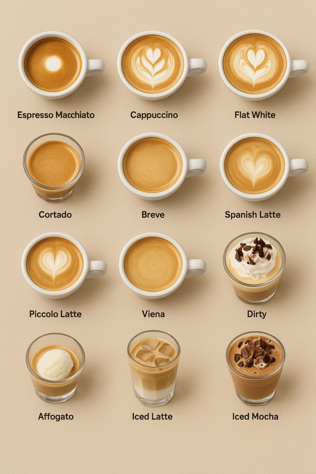A beige background displays a grid of 15 milk-based coffee drinks in ceramic or glass cups, viewed from above. Each cup showcases the unique appearance of the drink—like latte art in cappuccinos and flat whites, foam-topped dirty coffee, ice cubes in iced latte and iced mocha, and a scoop of ice cream in the affogato. The image visually compares the texture, color, and presentation of each beverage without any accompanying text labels.