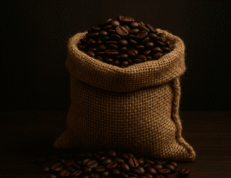 A burlap sack filled with glossy dark roasted coffee beans sits on a wooden surface, with scattered beans around it, illuminated by warm, soft lighting against a dark background.
