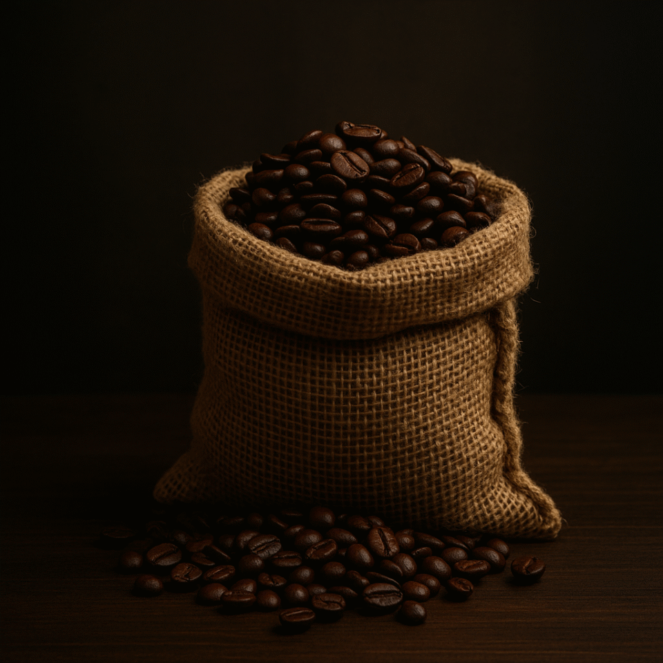 A burlap sack filled with glossy dark roasted coffee beans sits on a wooden surface, with scattered beans around it, illuminated by warm, soft lighting against a dark background.