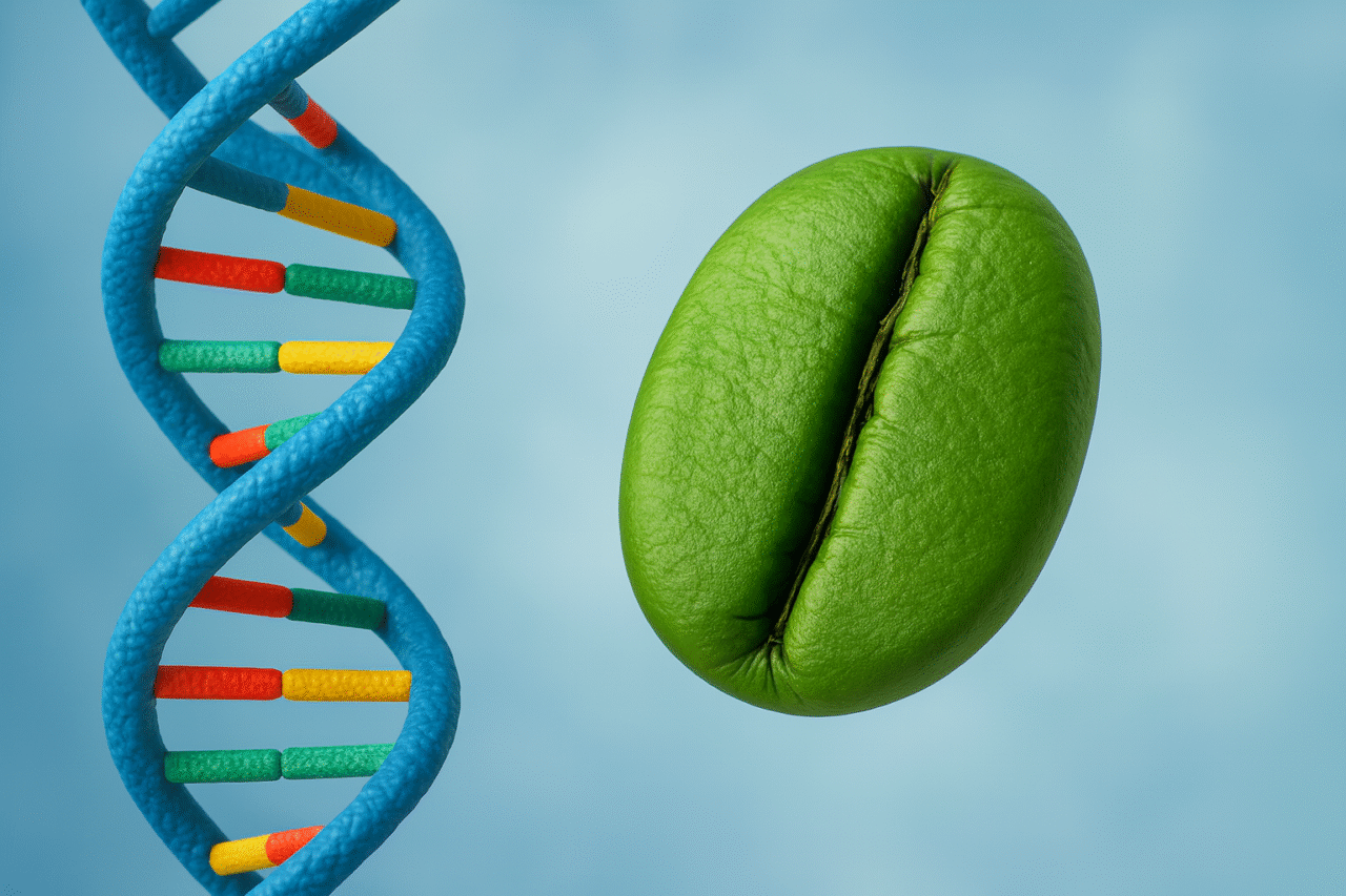 A 3D-rendered illustration showing a blue DNA double helix with colorful base pairs next to a green coffee bean on a light blue background.