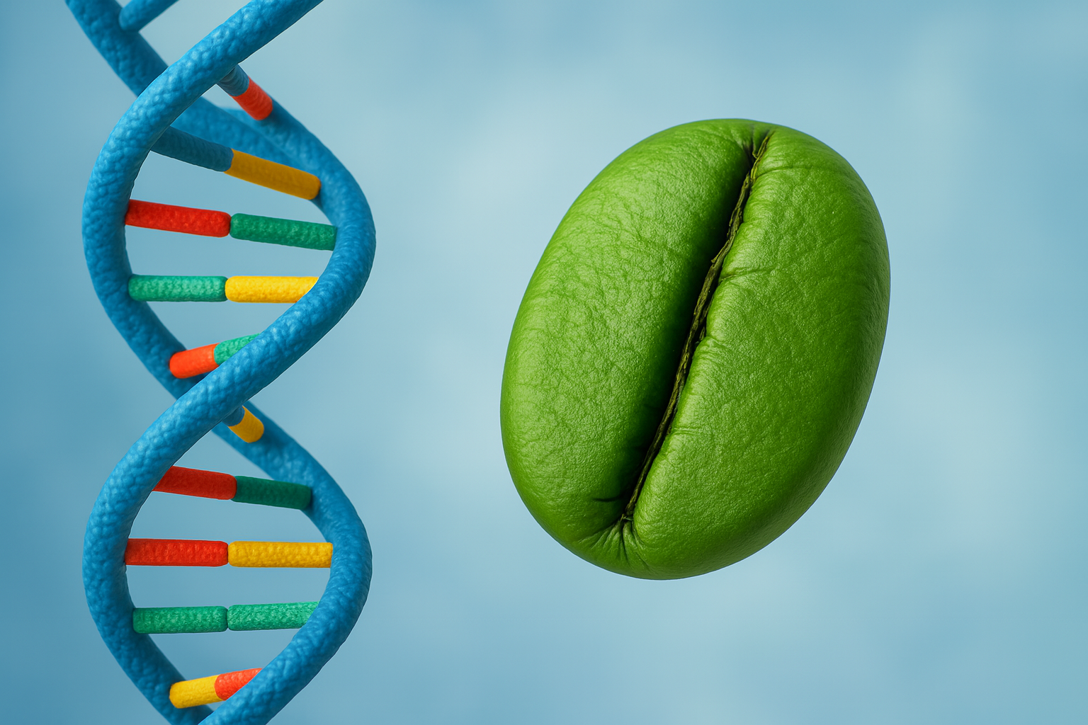 A 3D-rendered illustration showing a blue DNA double helix with colorful base pairs next to a green coffee bean on a light blue background.