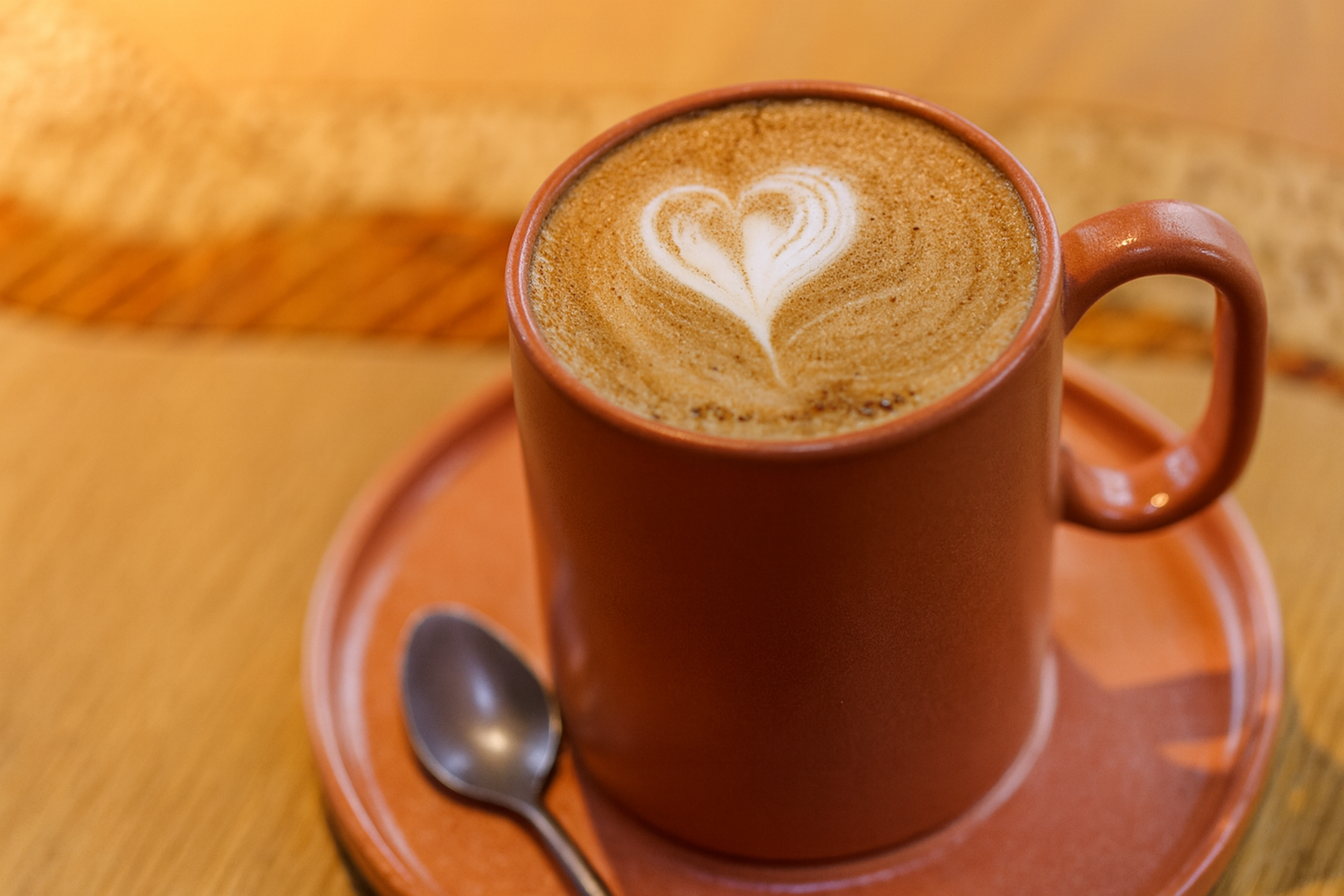 A rust-colored ceramic mug filled with a cappuccino sits on a matching saucer, featuring a heart-shaped latte art design on the frothy surface, with a small spoon resting beside it on a wooden table.