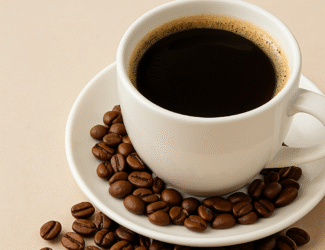 A white ceramic cup filled with steaming black coffee, placed on a saucer surrounded by scattered roasted coffee beans on a warm beige background.