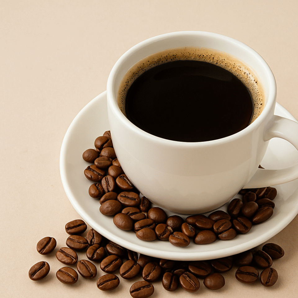 A white ceramic cup filled with steaming black coffee, placed on a saucer surrounded by scattered roasted coffee beans on a warm beige background.