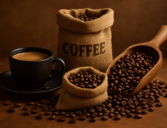 A rustic scene of roasted coffee beans spilling from burlap sacks with a wooden scoop and a black coffee cup, symbolizing global coffee trade and market volatility.
