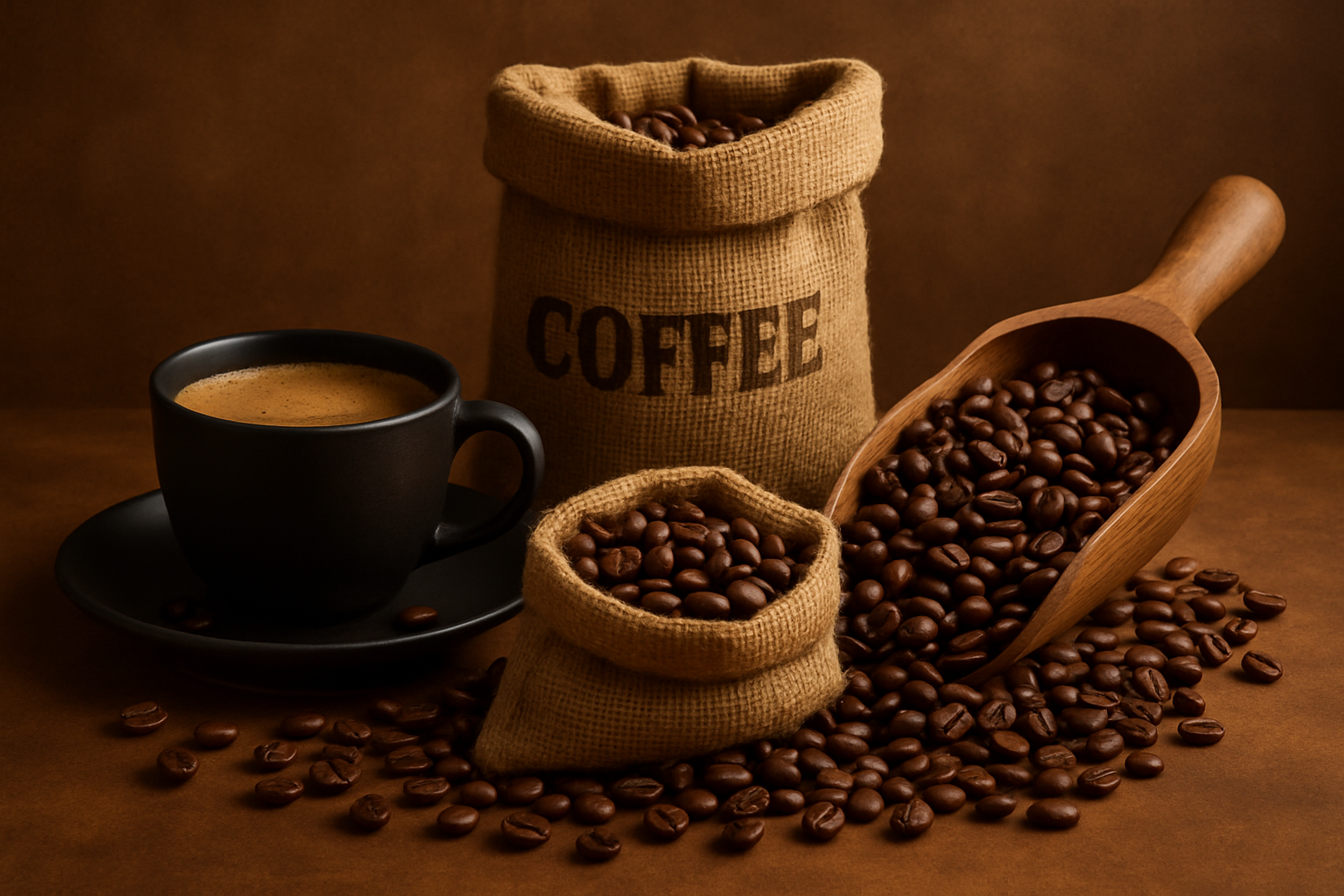 A rustic scene of roasted coffee beans spilling from burlap sacks with a wooden scoop and a black coffee cup, symbolizing global coffee trade and market volatility.