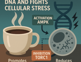 A digital illustration showing how caffeine protects DNA at the cellular level. It depicts a coffee molecule activating AMPK and inhibiting TORC1 inside a cell, enhancing DNA repair and promoting genomic stability under stress conditions. The infographic uses arrows and labeled pathways to visually explain the anti-aging and cell-protective effects of caffeine.