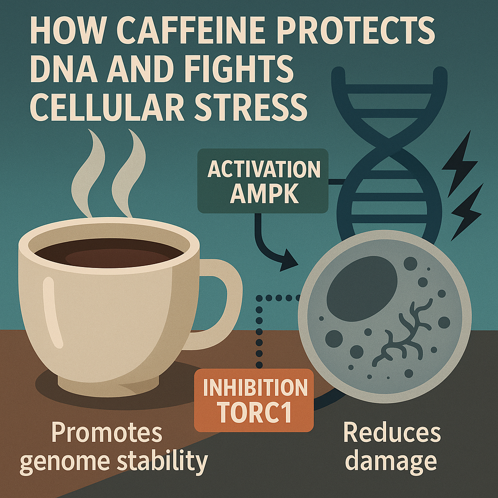A digital illustration showing how caffeine protects DNA at the cellular level. It depicts a coffee molecule activating AMPK and inhibiting TORC1 inside a cell, enhancing DNA repair and promoting genomic stability under stress conditions. The infographic uses arrows and labeled pathways to visually explain the anti-aging and cell-protective effects of caffeine.