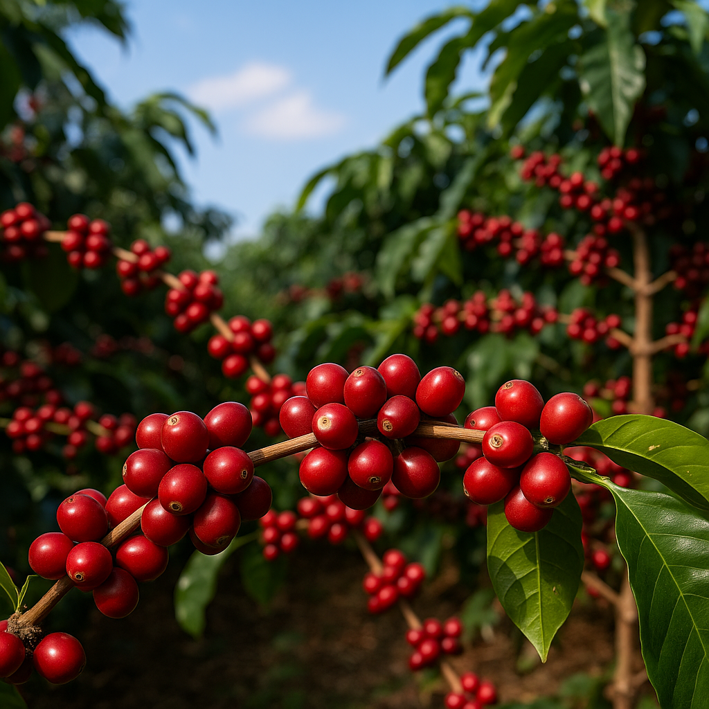 A close-up view of ripe red coffee cherries growing on a branch in a lush plantation, with green leaves and blurred trees in the background.