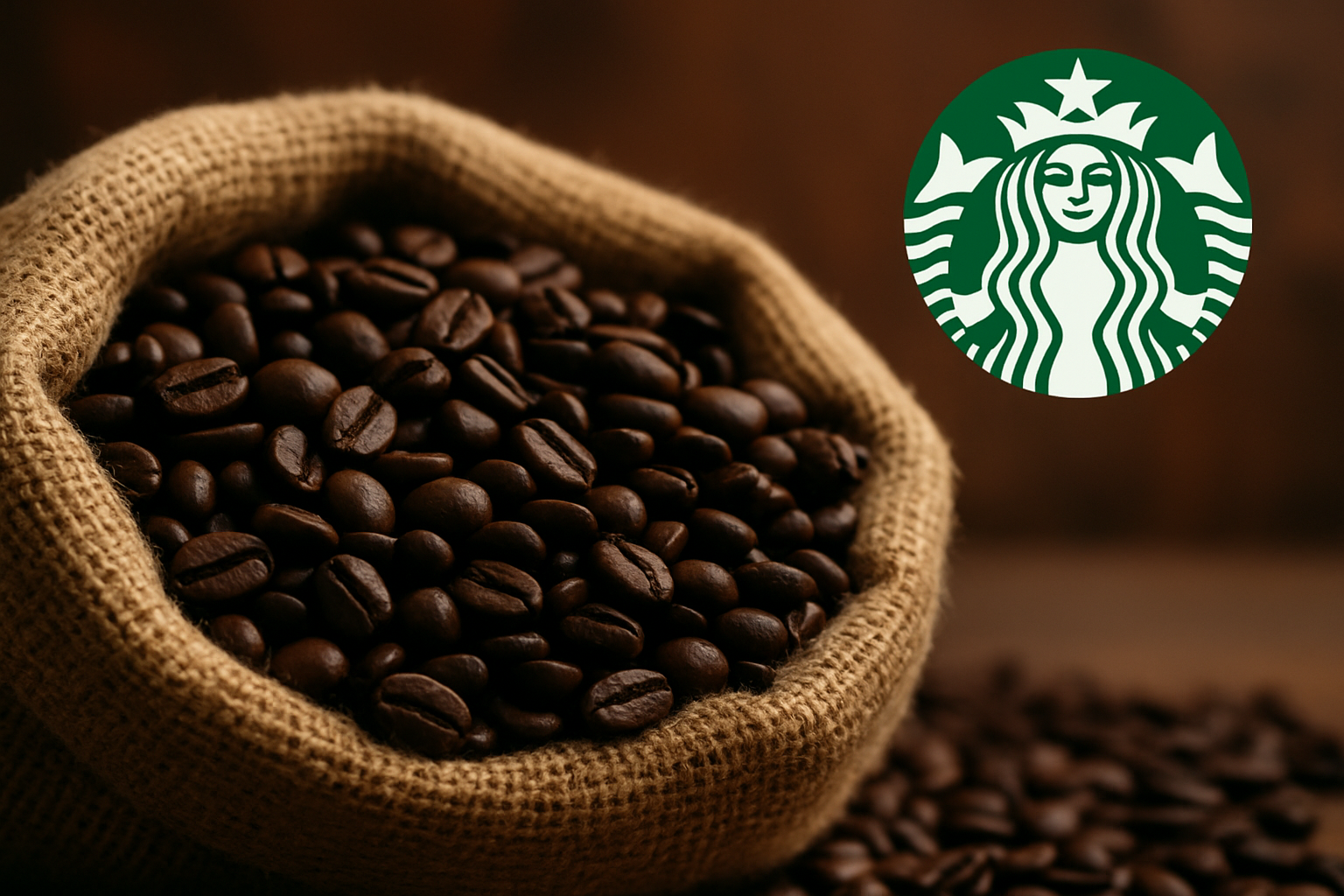 A burlap sack filled with dark roasted coffee beans sits on a wooden surface, with the Starbucks logo displayed in the top right corner.