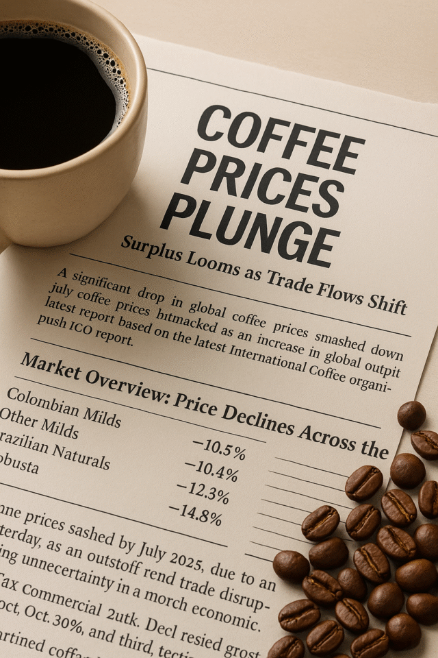 A printed market report showing the headline "COFFEE PRICES PLUNGE" lies on a beige surface next to a cup of black coffee and scattered roasted coffee beans. The document includes a summary of price declines for different coffee types, highlighting sharp decreases in July 2025.