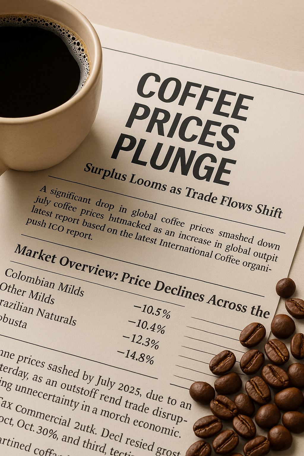 A printed market report showing the headline "COFFEE PRICES PLUNGE" lies on a beige surface next to a cup of black coffee and scattered roasted coffee beans. The document includes a summary of price declines for different coffee types, highlighting sharp decreases in July 2025.