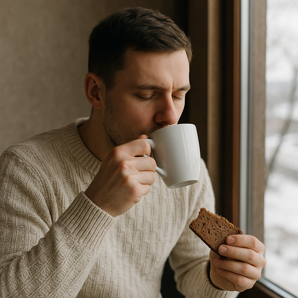 A young man in a cream-colored sweater sits quietly by a window, sipping coffee from a white mug and holding a slice of rye bread, with a snowy winter scene visible outside.