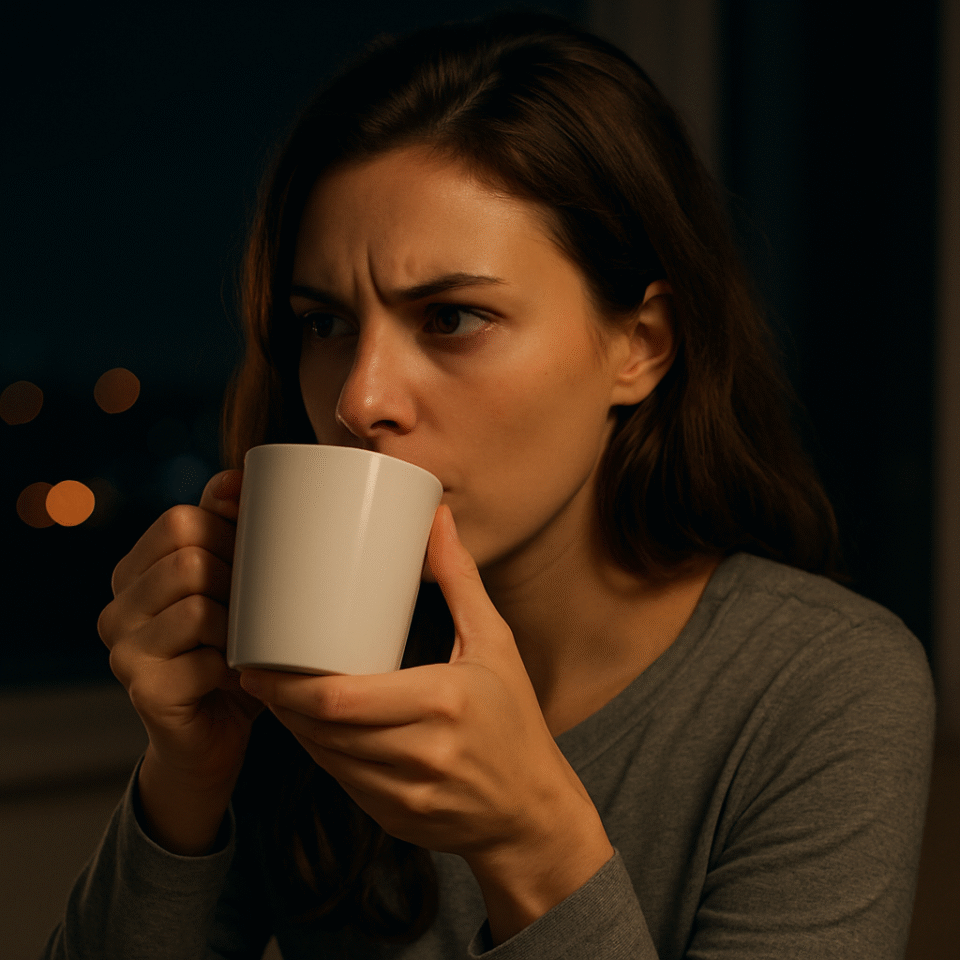 A young woman with long brown hair drinks from a white coffee mug at night, her face lit by warm indoor light while blurred city lights glow behind her. She appears focused and slightly tense, reflecting a contemplative or alert mood.