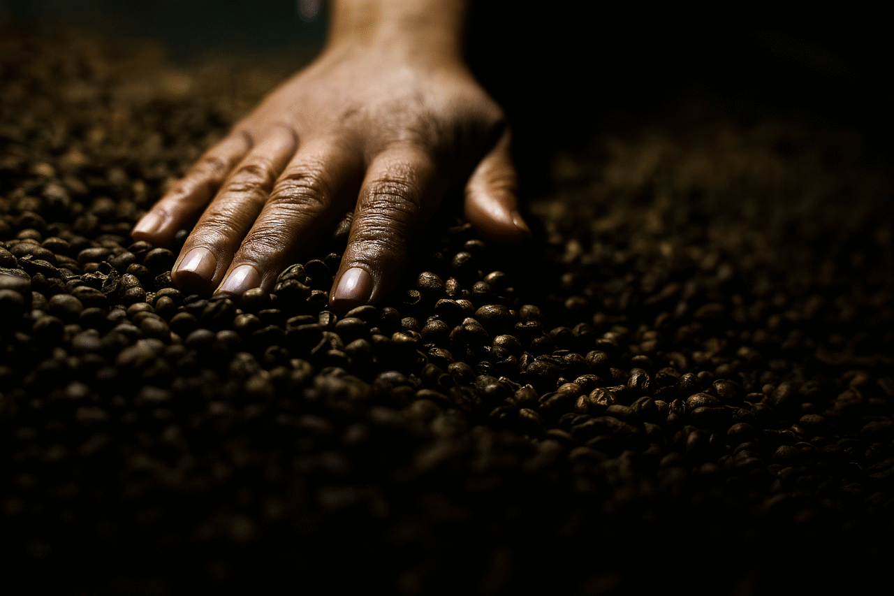 Worker inspecting roasted coffee beans in Brazil as exports shift toward China after U.S. tariffs.