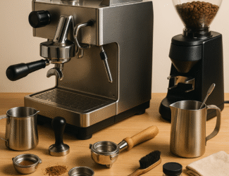 A clean barista workstation featuring an espresso machine, grinder, milk pitchers, portafilter, tamper, cleaning brush, and other tools on a wooden counter.