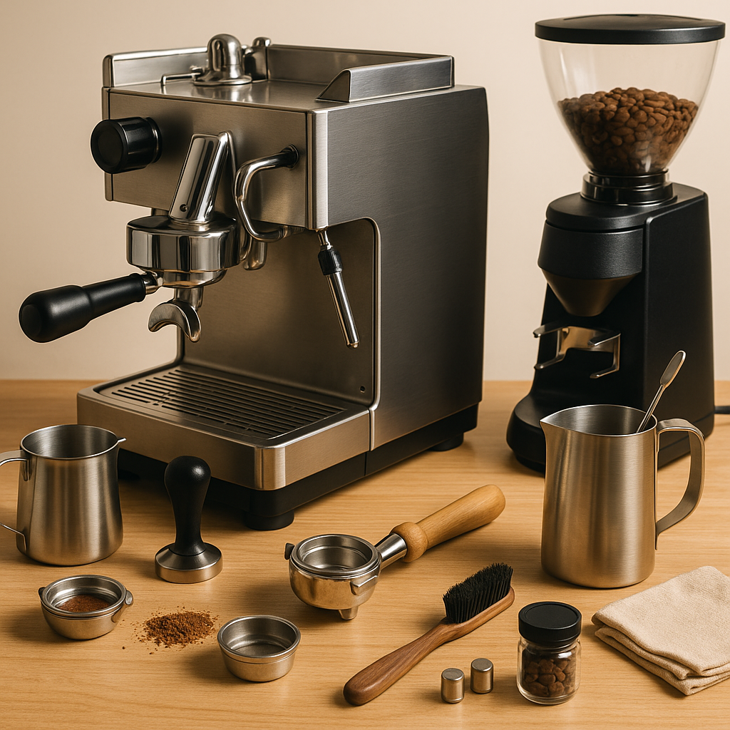 A clean barista workstation featuring an espresso machine, grinder, milk pitchers, portafilter, tamper, cleaning brush, and other tools on a wooden counter.