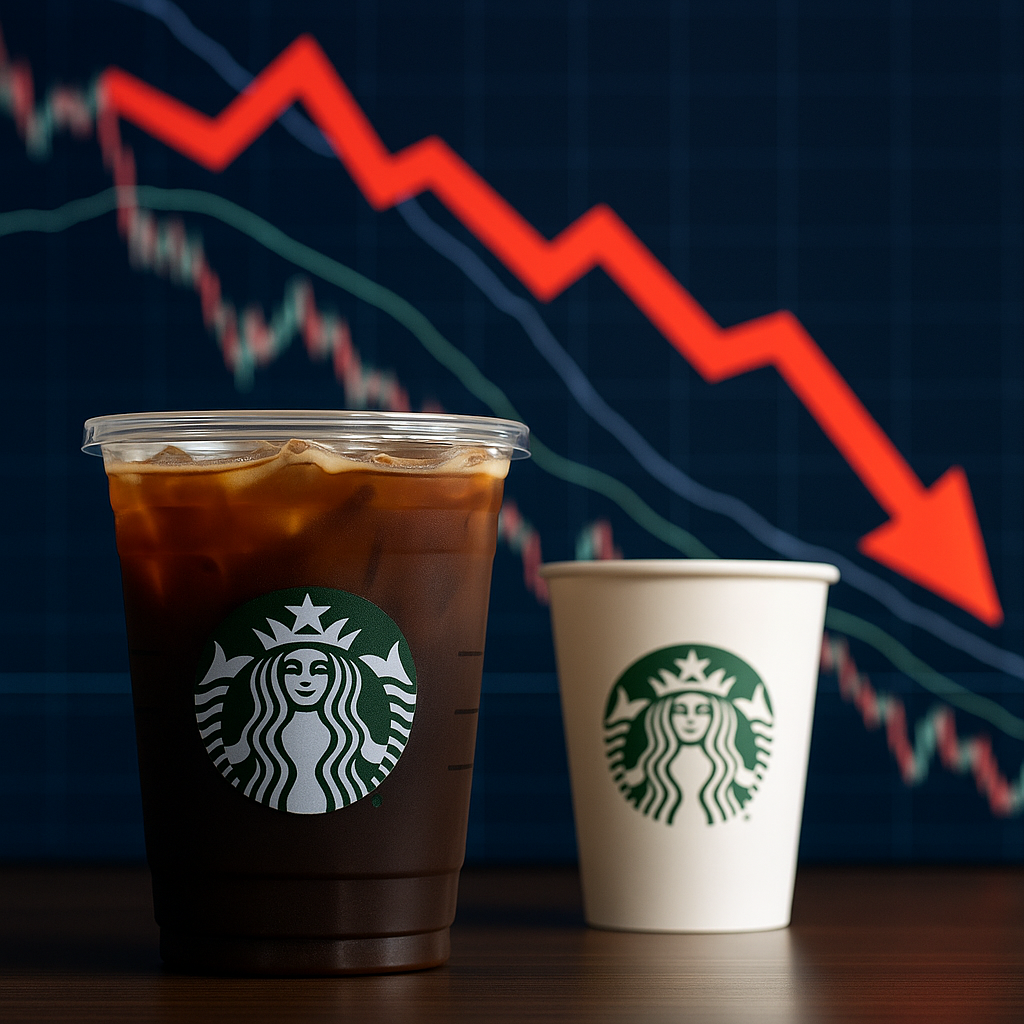 Two Starbucks coffee cups—one iced and one hot—are placed in front of a downward-trending red arrow on a financial chart, symbolizing a stock decline.