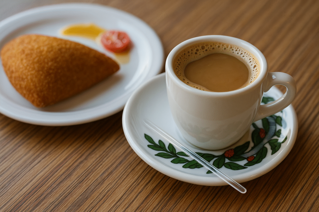A ceramic espresso cup filled with creamy coffee sits on a saucer decorated with green leaves and red berries, accompanied by a transparent stirrer. Beside it, a golden-brown fried pastry is served on a white plate with a small garnish of yellow sauce and a cherry tomato, all placed on a wooden table in soft natural light.