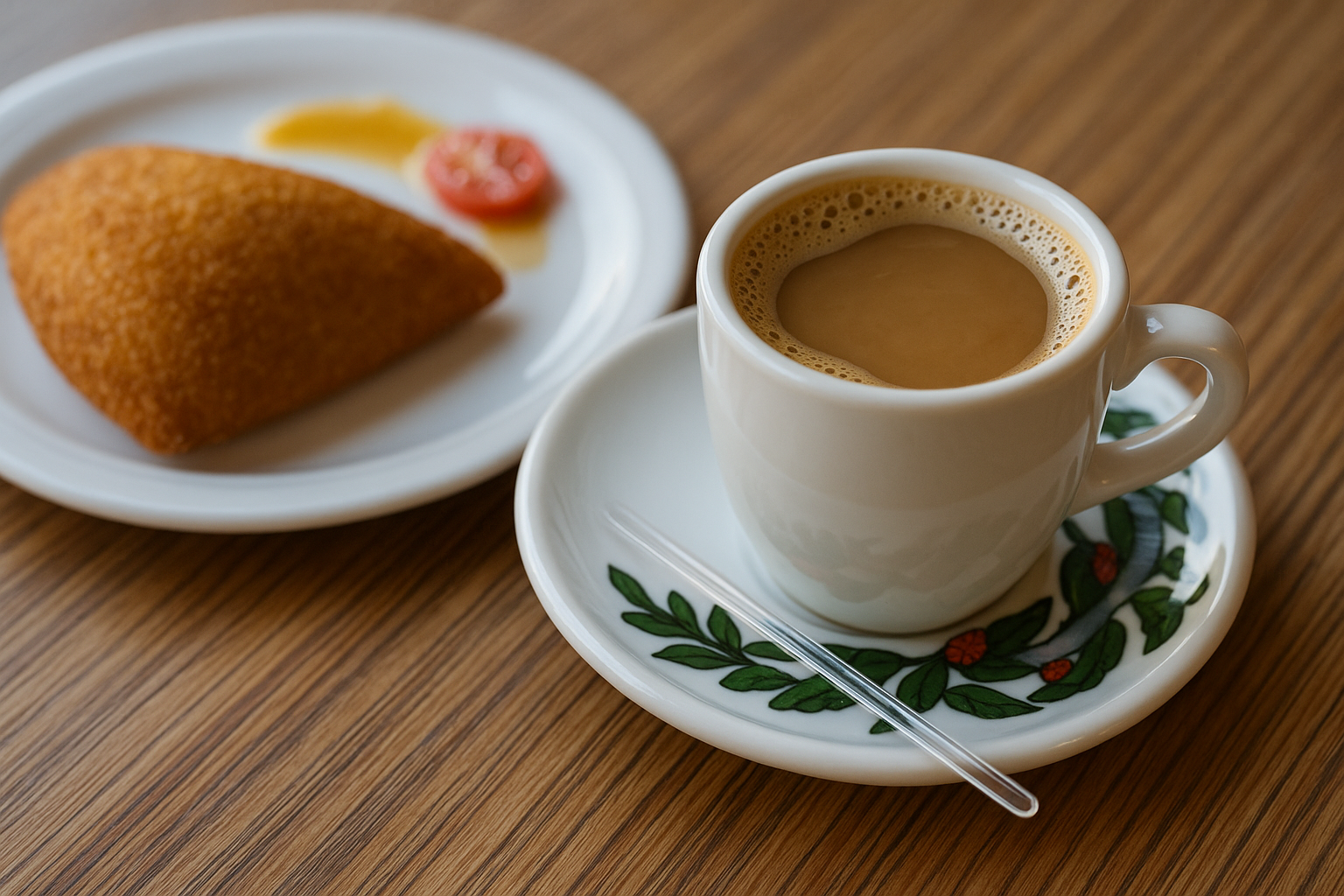 A ceramic espresso cup filled with creamy coffee sits on a saucer decorated with green leaves and red berries, accompanied by a transparent stirrer. Beside it, a golden-brown fried pastry is served on a white plate with a small garnish of yellow sauce and a cherry tomato, all placed on a wooden table in soft natural light.