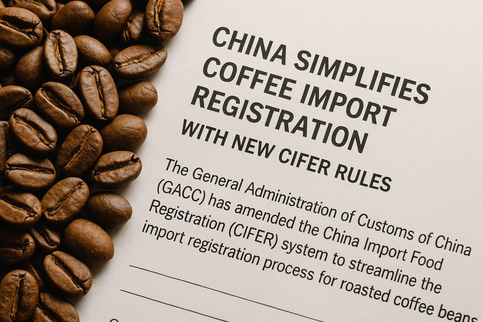 Alt text: Roasted coffee beans placed next to a printed document highlighting new Chinese CIFER rules simplifying coffee import registration.
