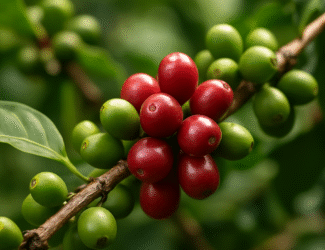 Close-up of a coffee branch with ripe red cherries and unripe green cherries among glossy green leaves, captured in soft natural light with a blurred background.