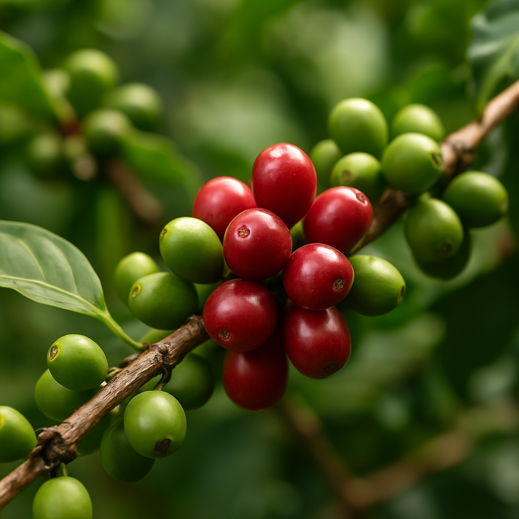 Close-up of a coffee branch with ripe red cherries and unripe green cherries among glossy green leaves, captured in soft natural light with a blurred background.