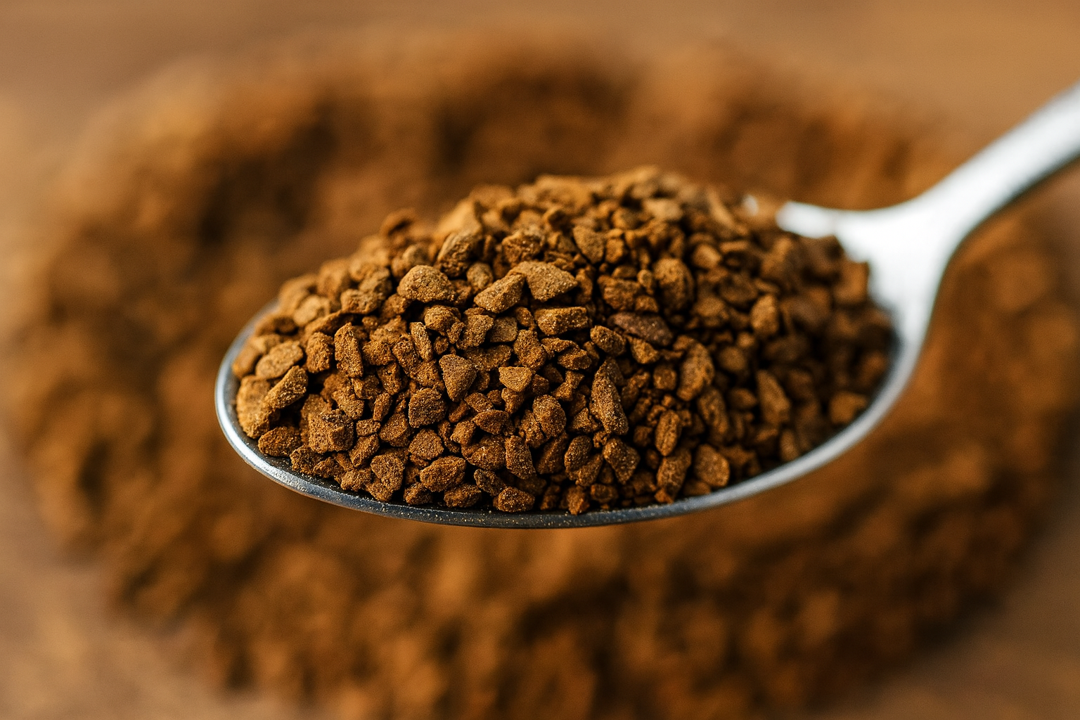 Close-up view of instant coffee granules in a glass jar, showing their coarse texture and rich brown color.