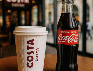 A Costa Coffee takeaway cup placed beside a Coca-Cola glass bottle on a café table, symbolizing Coca-Cola’s possible sale of Costa Coffee.