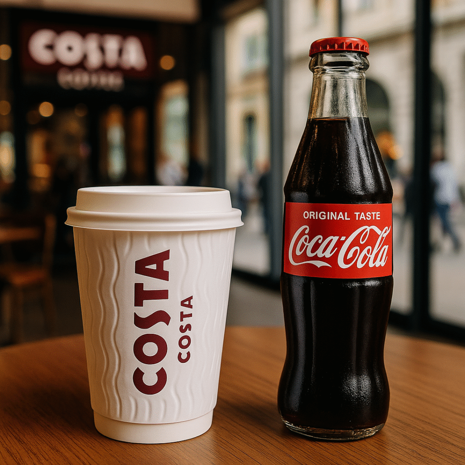 A Costa Coffee takeaway cup placed beside a Coca-Cola glass bottle on a café table, symbolizing Coca-Cola’s possible sale of Costa Coffee.