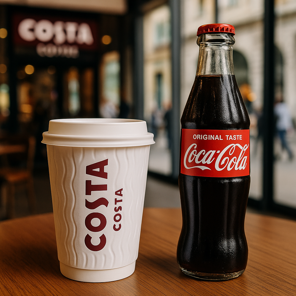A Costa Coffee takeaway cup placed beside a Coca-Cola glass bottle on a café table, symbolizing Coca-Cola’s possible sale of Costa Coffee.