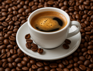 A white ceramic cup of freshly brewed coffee with golden-brown crema sits on a saucer, surrounded by roasted coffee beans scattered across the surface.