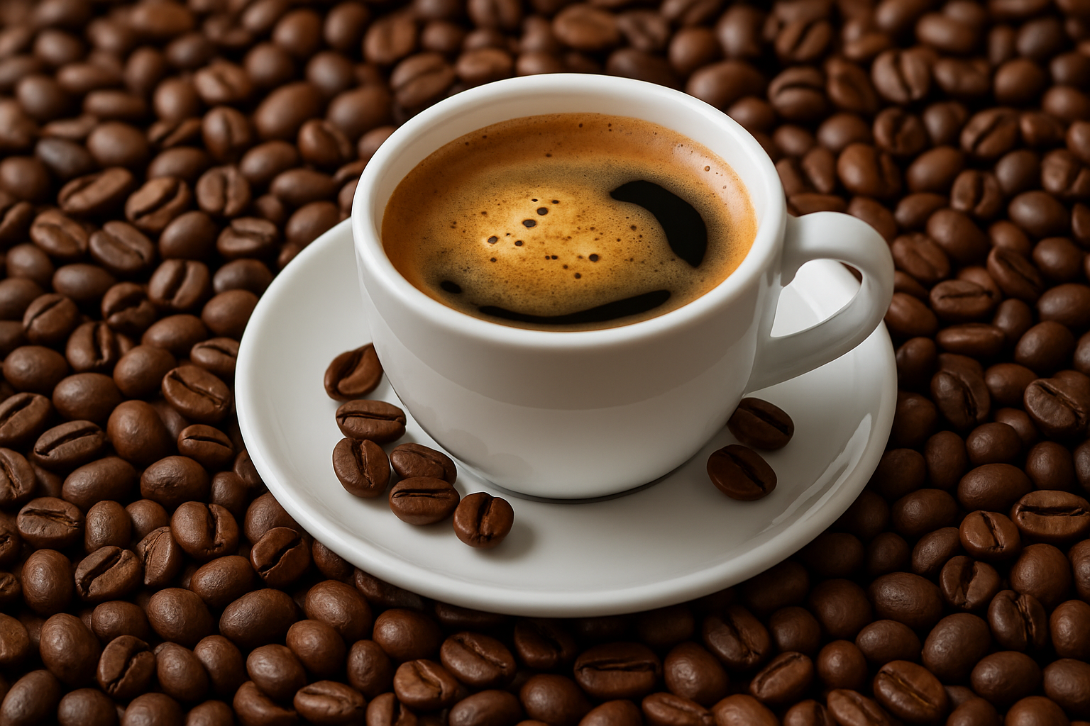 A white ceramic cup of freshly brewed coffee with golden-brown crema sits on a saucer, surrounded by roasted coffee beans scattered across the surface.