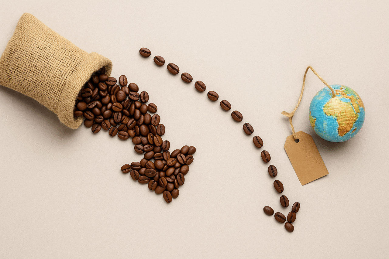 A burlap sack spills roasted coffee beans onto a beige surface, forming a downward arrow that leads to a small globe with a price tag, symbolizing falling global coffee prices.