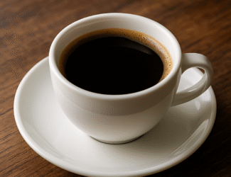 A white ceramic cup filled with black coffee sits on a matching saucer atop a rustic wooden table, lit by soft natural light.