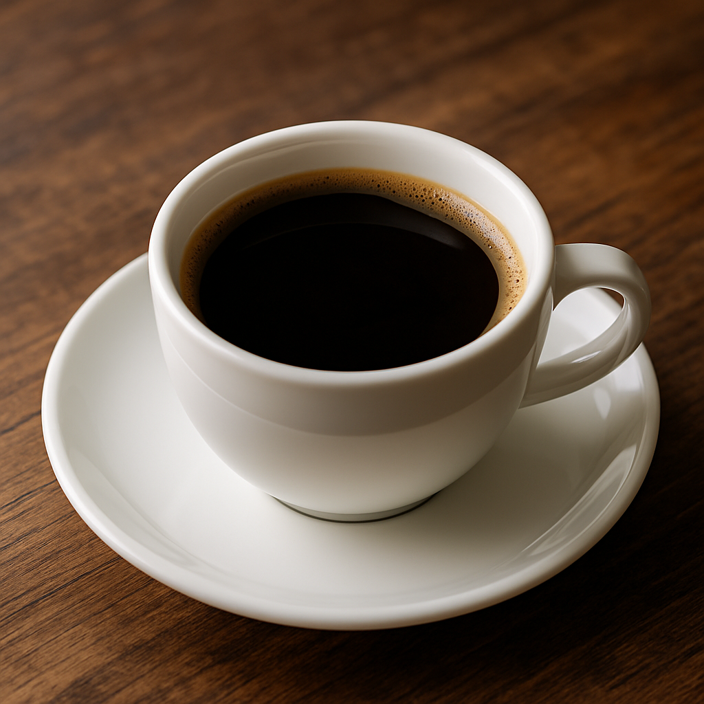 A white ceramic cup filled with black coffee sits on a matching saucer atop a rustic wooden table, lit by soft natural light.