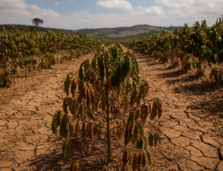 A coffee plantation in Brazil suffering from drought, showing cracked dry soil and withered coffee plants with brown, wilted leaves under a partly cloudy sky.