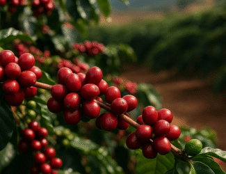 Close-up of ripe red coffee cherries on a branch with green leaves, set against a blurred background of coffee plants and a clear sky.