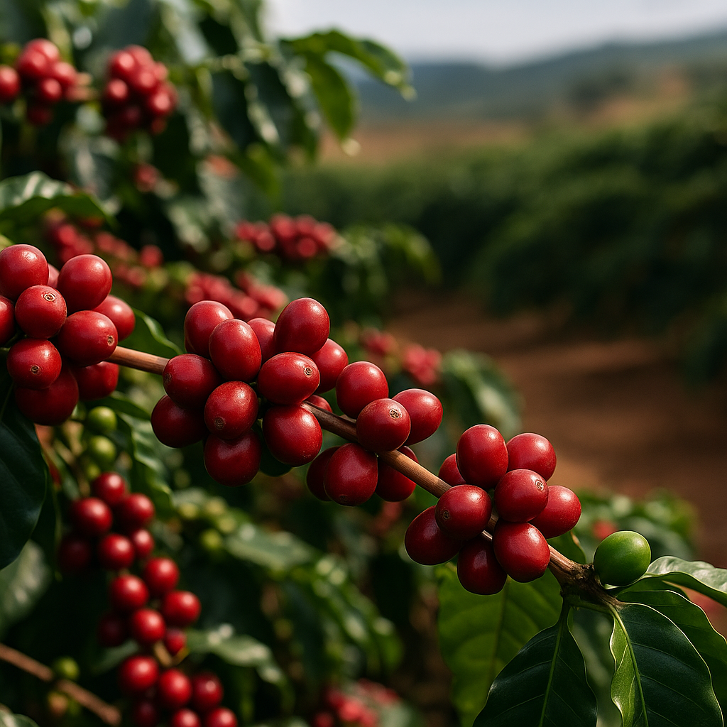 Close-up of ripe red coffee cherries on a branch with green leaves, set against a blurred background of coffee plants and a clear sky.