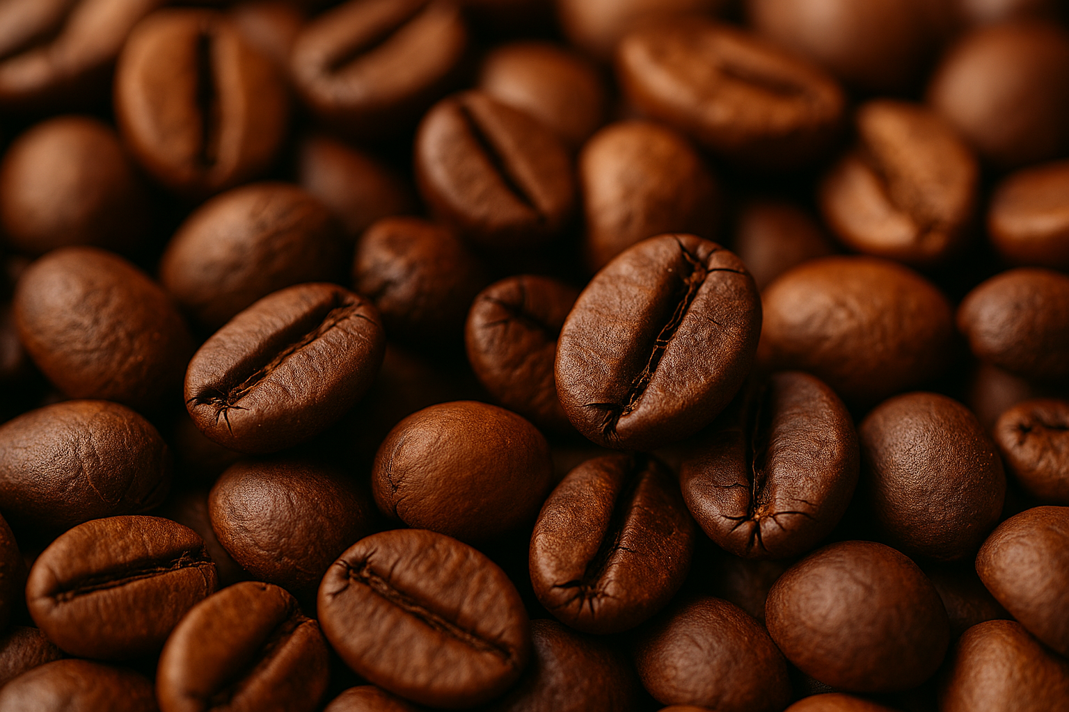 Close-up of roasted coffee beans with rich brown tones, showing detailed textures, cracks, and natural sheen, captured in warm soft lighting.