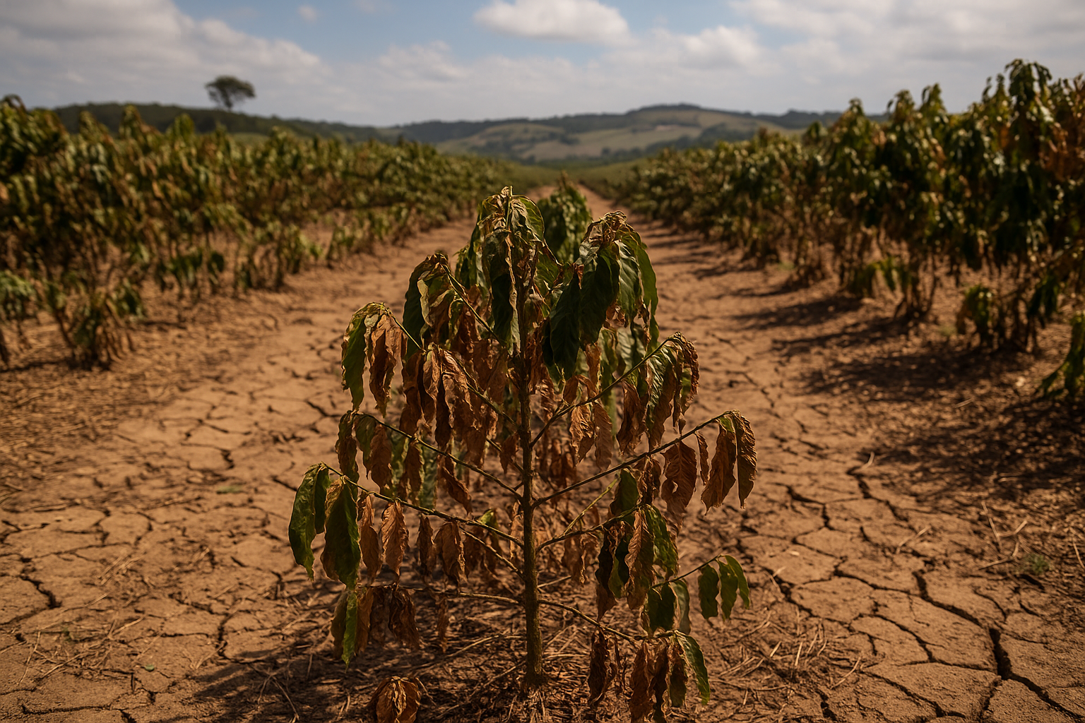A coffee plantation in Brazil suffering from drought, showing cracked dry soil and withered coffee plants with brown, wilted leaves under a partly cloudy sky.