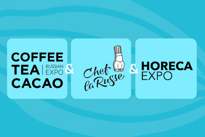 A unified logo design featuring three major events: "Coffee Tea Cacao Russian Expo" on the left, "Chef la Russe" in the center with a chef’s hat illustration, and "HORECA Expo" on the right, all set against a blue wavy background.