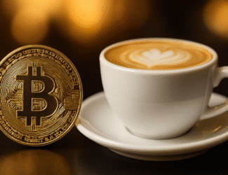 A golden Bitcoin coin standing upright next to a white ceramic cup of cappuccino with heart-shaped latte art, both placed on a dark surface with a warm, blurred bokeh background.