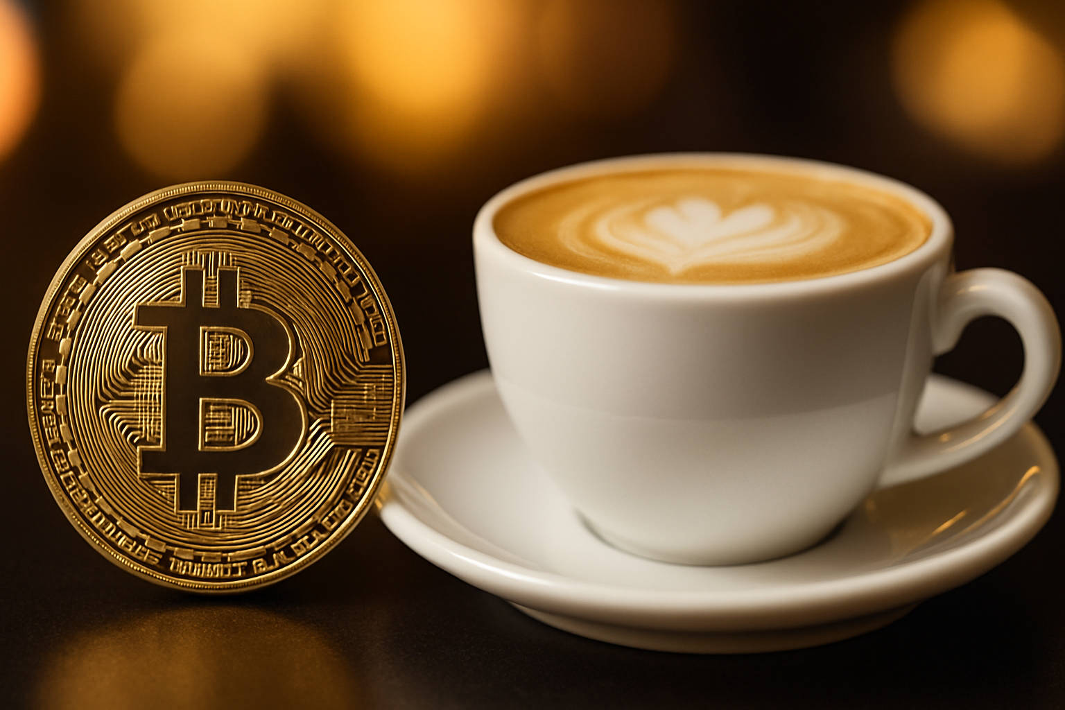 A golden Bitcoin coin standing upright next to a white ceramic cup of cappuccino with heart-shaped latte art, both placed on a dark surface with a warm, blurred bokeh background.