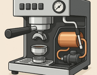 A detailed digital illustration of a modern espresso machine with visible internal components, including the group head, portafilter, boiler, pump, steam wand, and pressure gauge, shown in a clean cutaway style