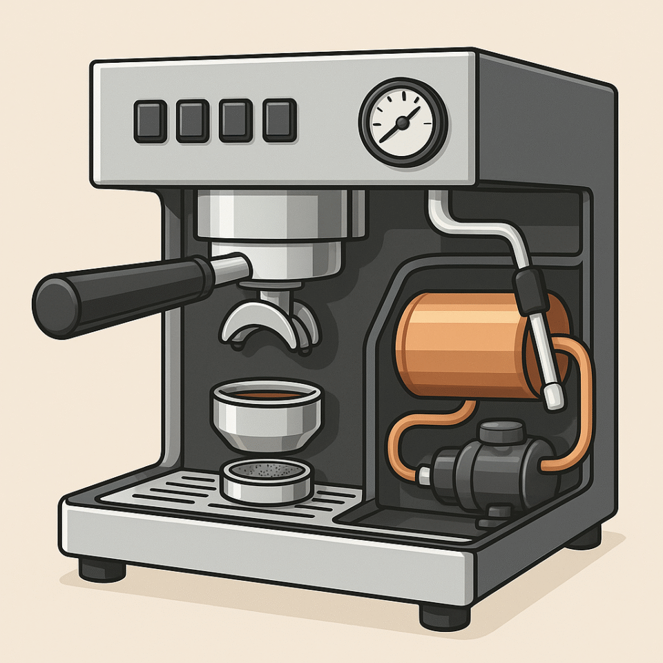 A detailed digital illustration of a modern espresso machine with visible internal components, including the group head, portafilter, boiler, pump, steam wand, and pressure gauge, shown in a clean cutaway style