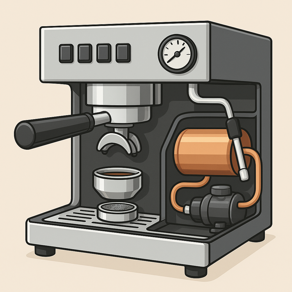 A detailed digital illustration of a modern espresso machine with visible internal components, including the group head, portafilter, boiler, pump, steam wand, and pressure gauge, shown in a clean cutaway style